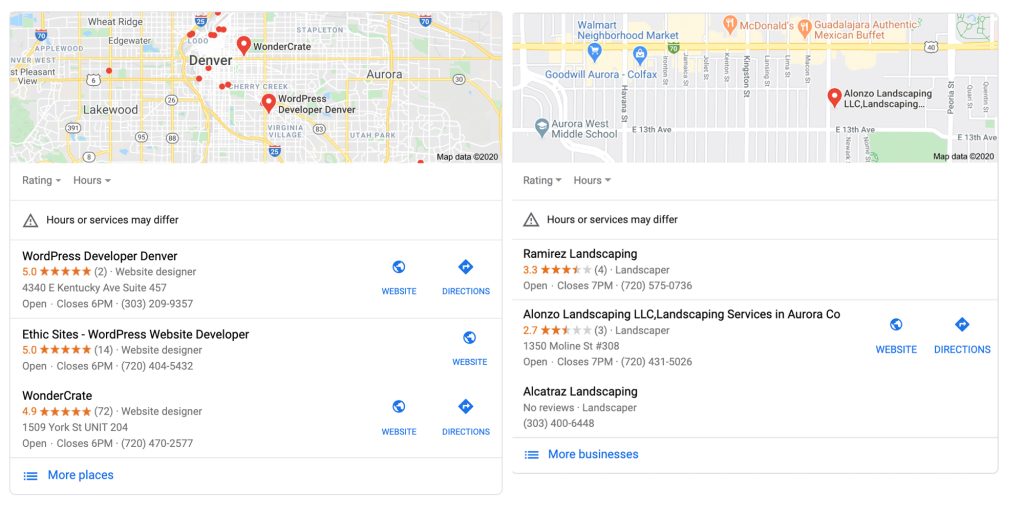 google map results for web developer and landscaper