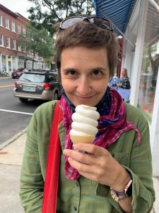 The author of the article eating maple creemee, a vermont soft serve maple ice cream