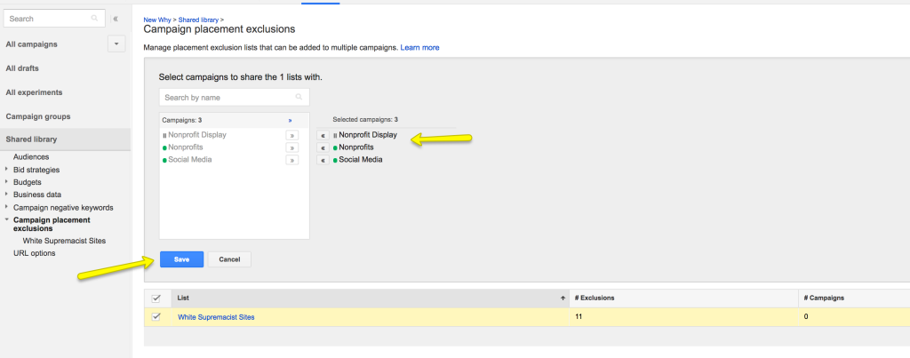 applying adwords exclusions to campaign
