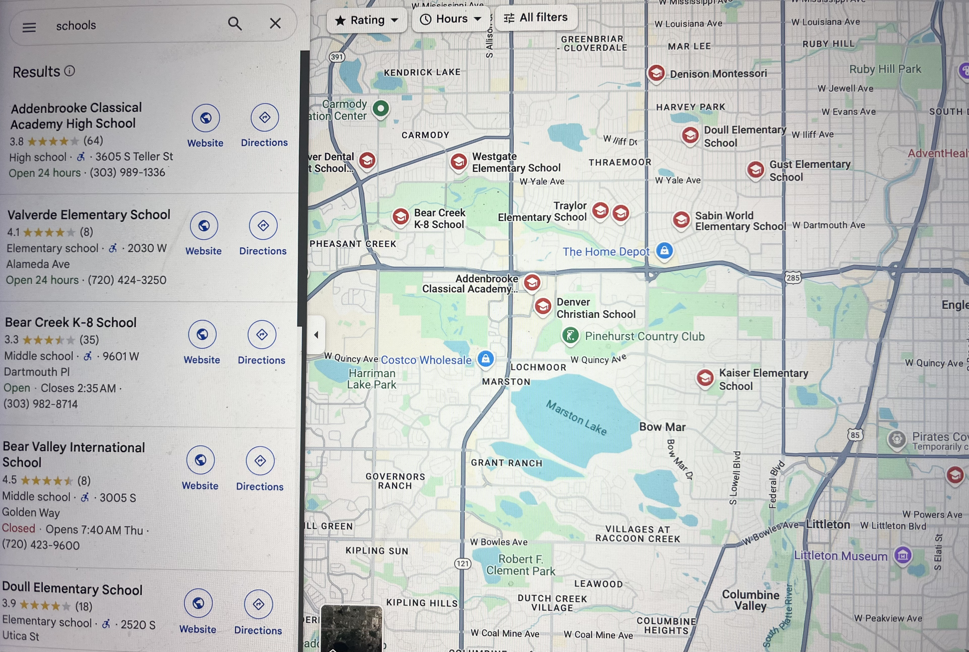Google maps listing for nearby schools