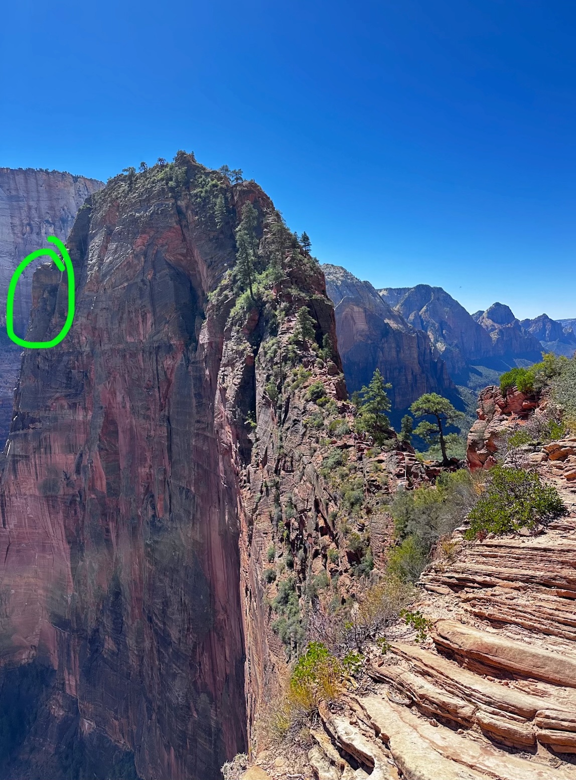 Angel's Landing with the end of the trail circled in green